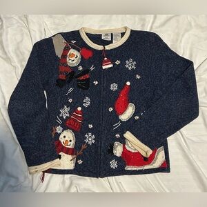 Vintage Holiday Christmas Snowman Zip-up Sweater - M